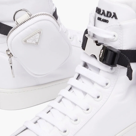 Authentic Prada Wheel Zipped-Pouch High Top Re-Nylon Trainers in White - Picture 2 of 12